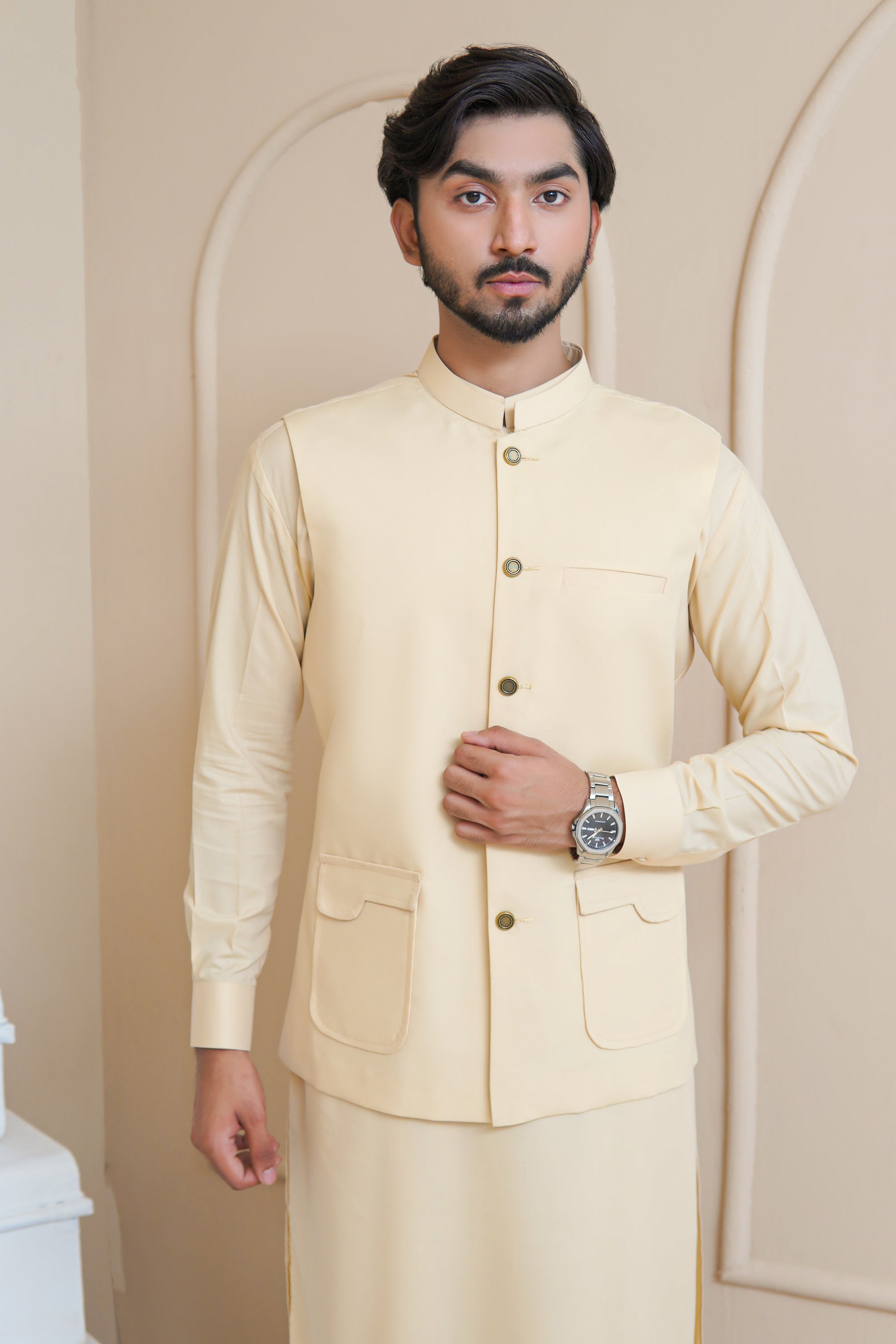 Light Khaaki Men's Kameez Shalwar with Waistcoat (RJ-KSW134)