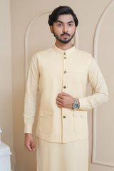 Light Khaaki Men's Kameez Shalwar with Waistcoat (RJ-KSW134)