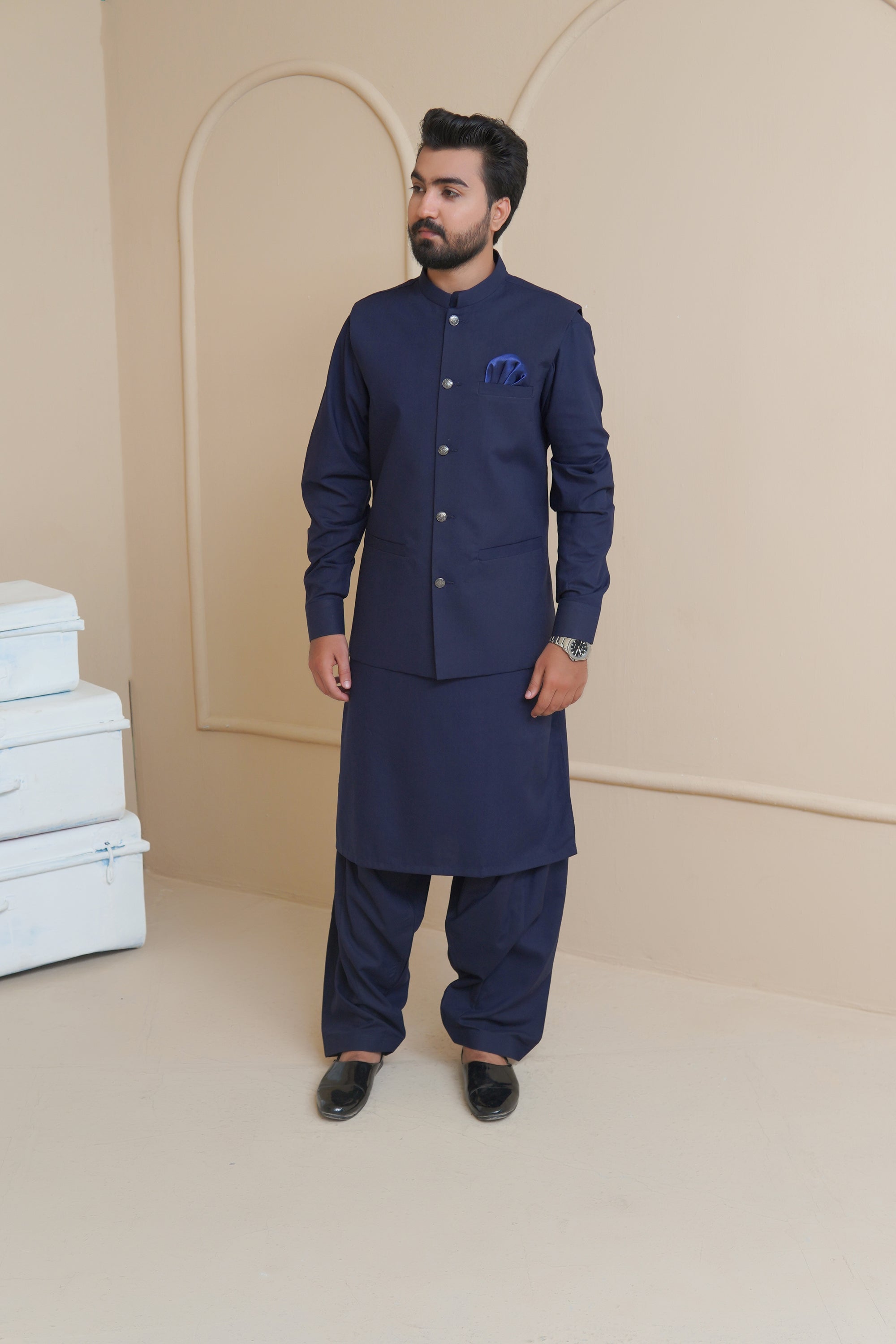 Navy Blue Men's Kameez Shalwar with Waistcoat (RJ-KSW135)