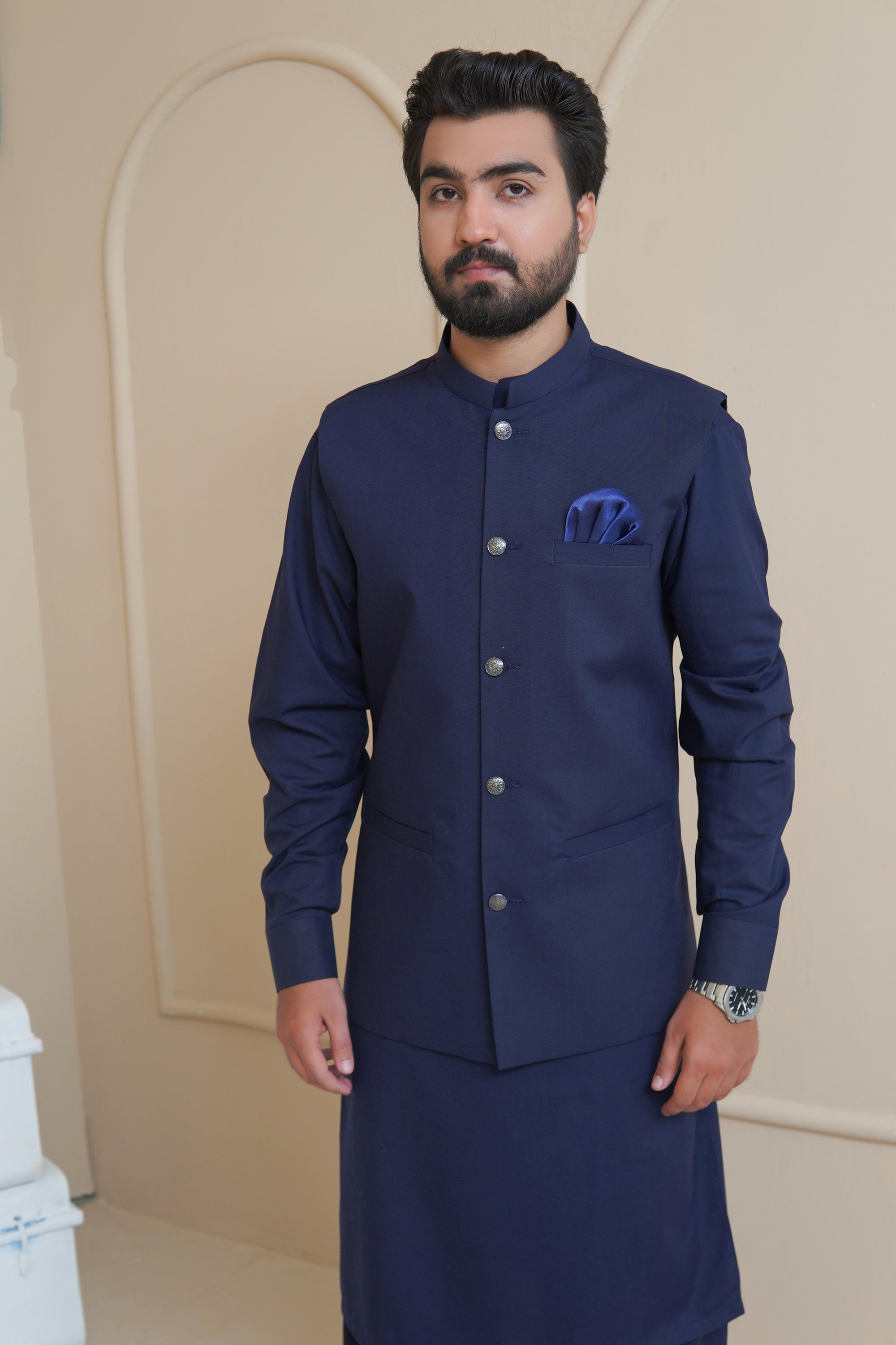 Navy Blue Men's Kameez Shalwar with Waistcoat (RJ-KSW135)