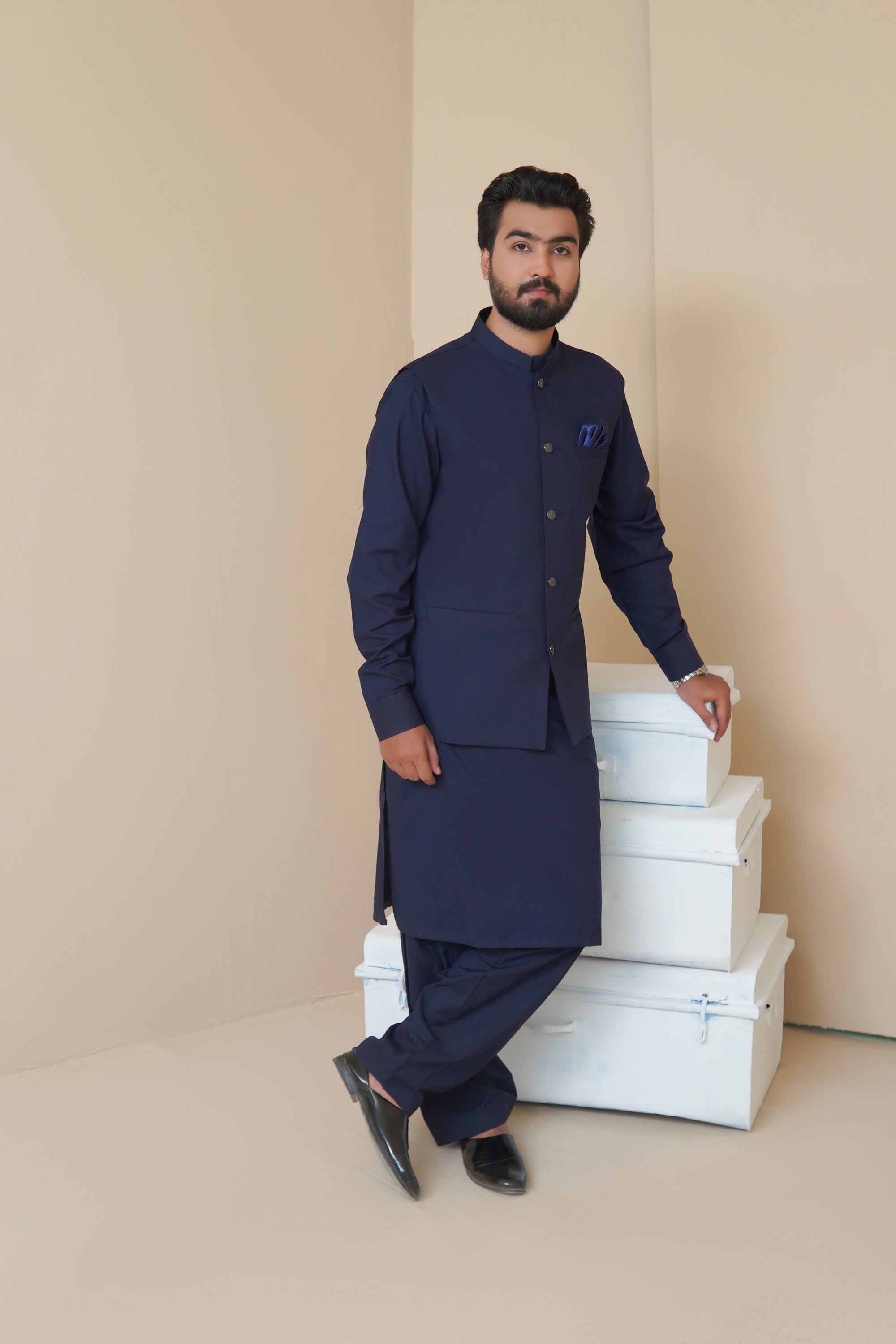 Navy Blue Men's Kameez Shalwar with Waistcoat (RJ-KSW135)
