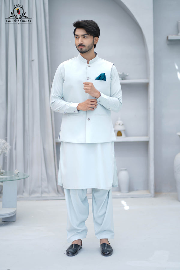 Ice Blue Men's Kameez Shalwar with Waistcoat (RJ-KSW146)