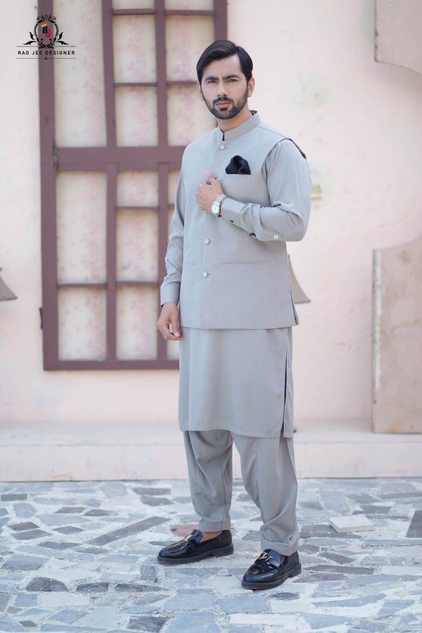 Mushroom Grey Men's Kameez Shalwar with Waistcoat (RJ-KSW147)