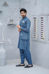 Men's Premium Wash & Wear Kameez Shalwar with Waistcoat – Deep Space Blue Traditional Wear  - (RJ-KSW148)