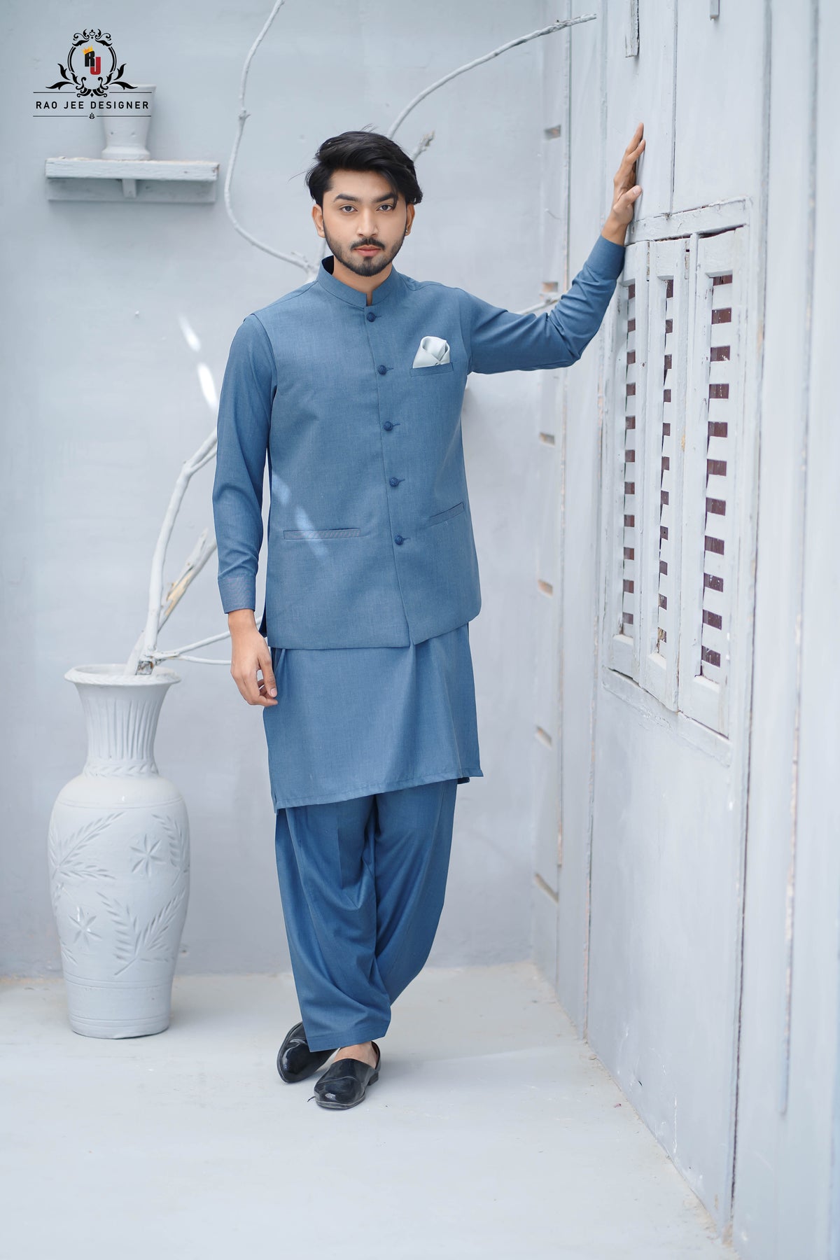 Men's Premium Wash & Wear Kameez Shalwar with Waistcoat – Deep Space Blue Traditional Wear  - (RJ-KSW148)