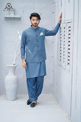 Men's Premium Wash & Wear Kameez Shalwar with Waistcoat – Deep Space Blue Traditional Wear  - (RJ-KSW148)