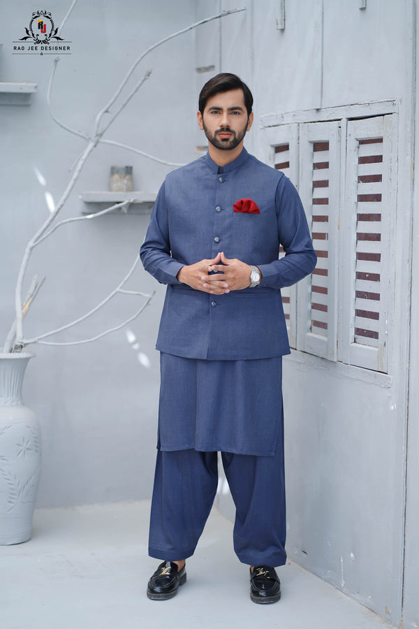 Ink Blue Men's Kameez Shalwar with Waistcoat (RJ-KSW149)