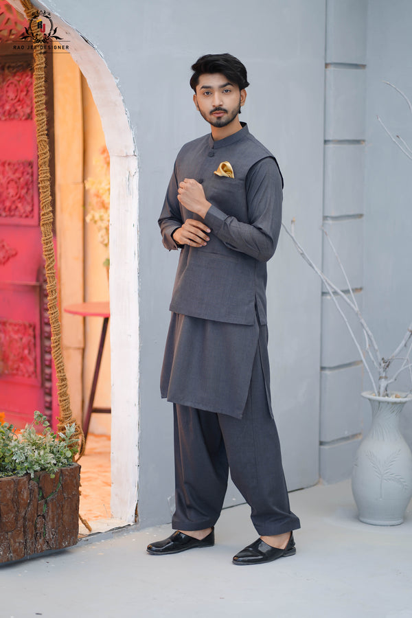 Stone Grey Men's Kameez Shalwar with Waistcoat (RJ-KSW150)