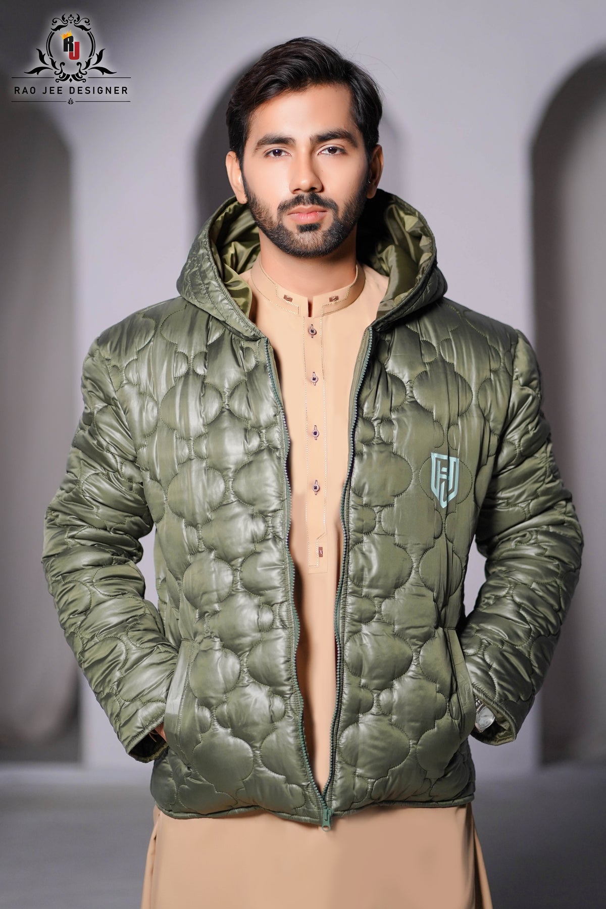 Olive Puffer Jacket Males – Full sleeves