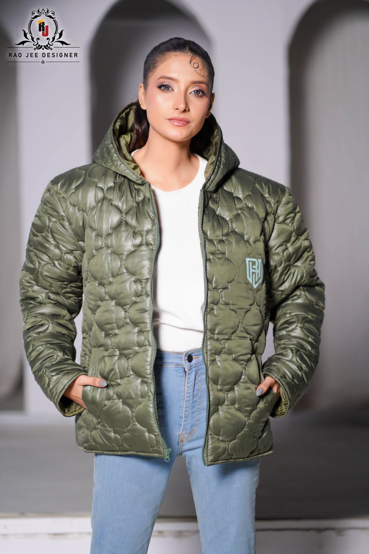 Olive Puffer Jacket Females -Full sleaves
