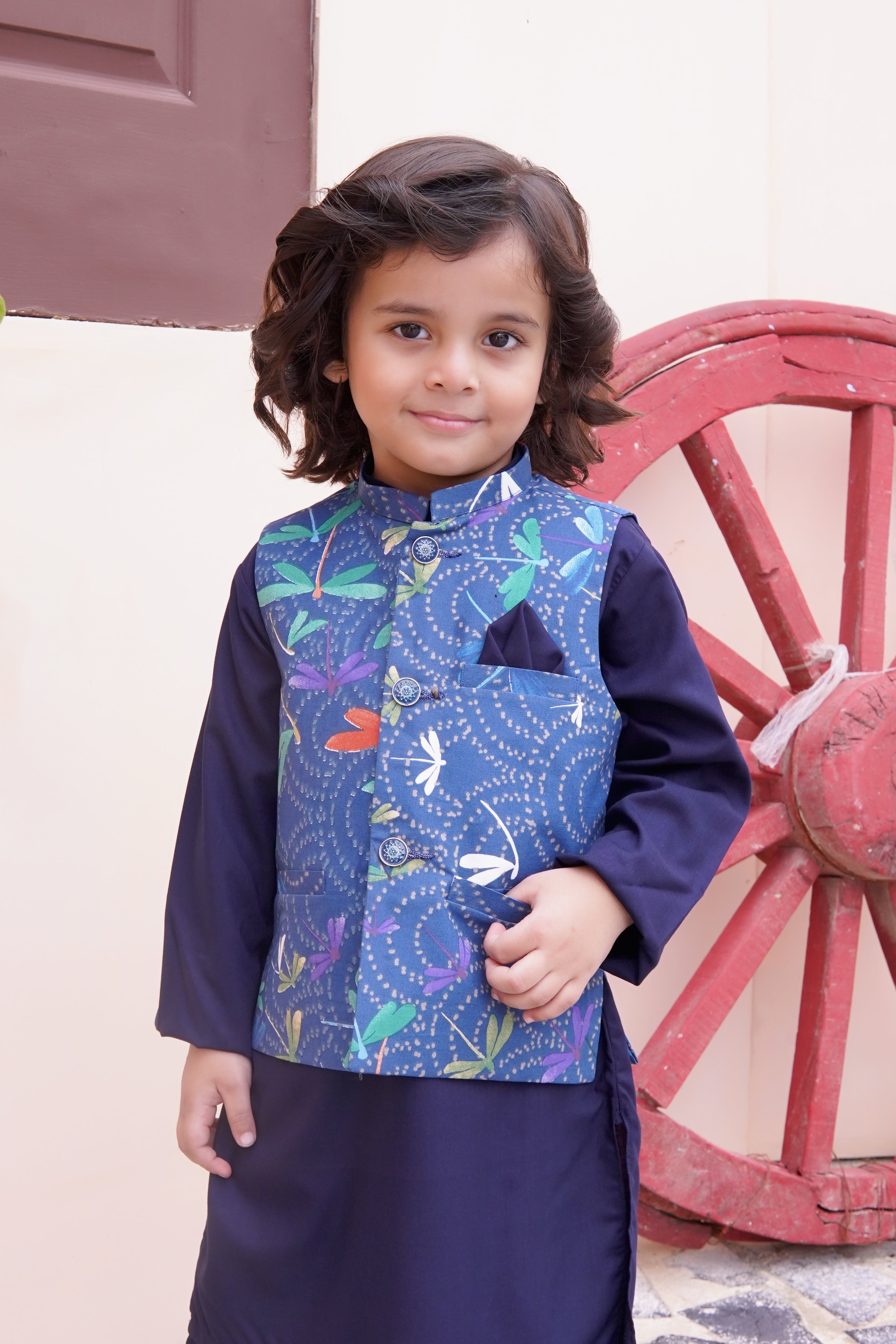 Navy Blue Kids Kurta Pajama with Printed Waistcoat RJ-KIDS121