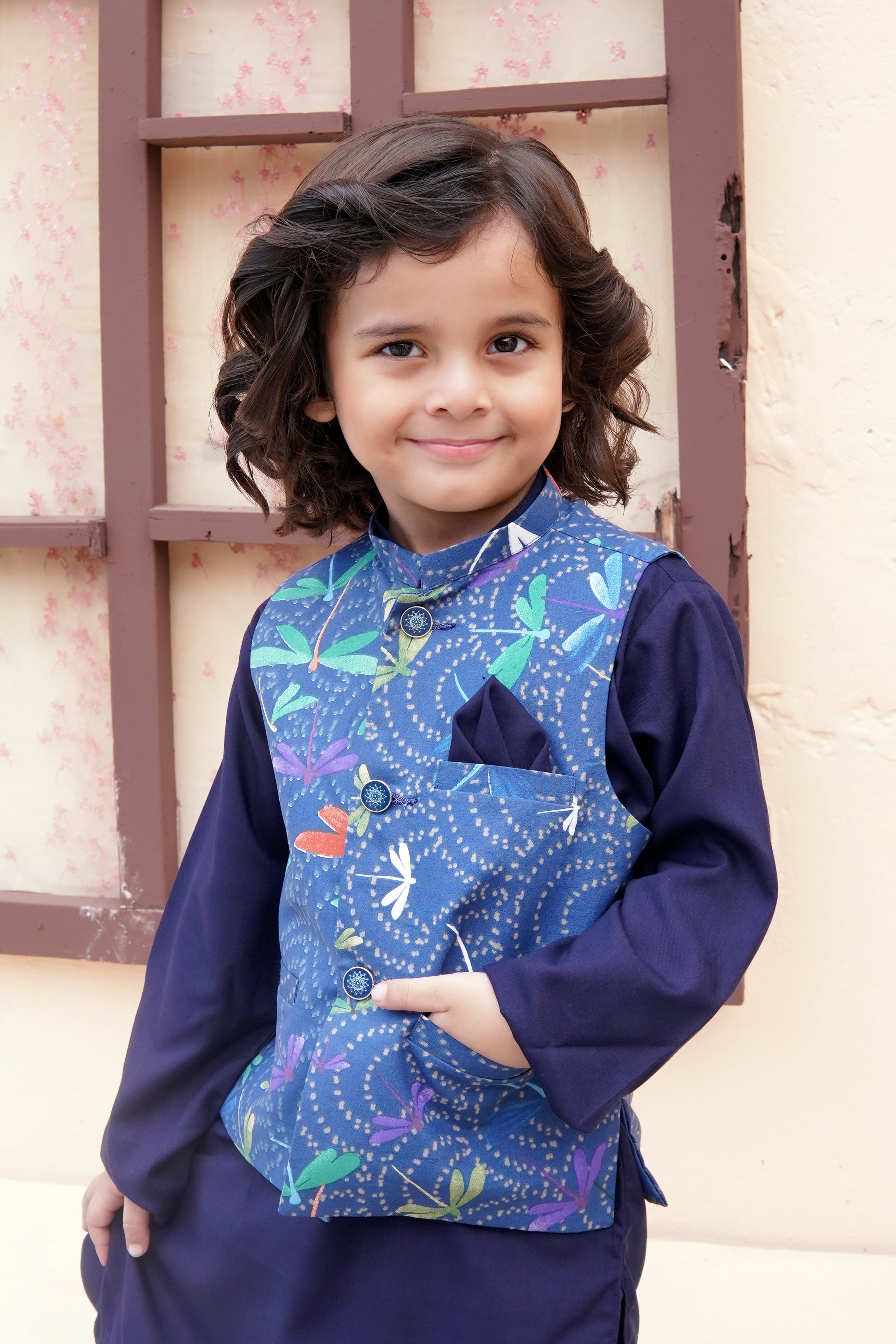 Navy Blue Kids Kurta Pajama with Printed Waistcoat RJ-KIDS121