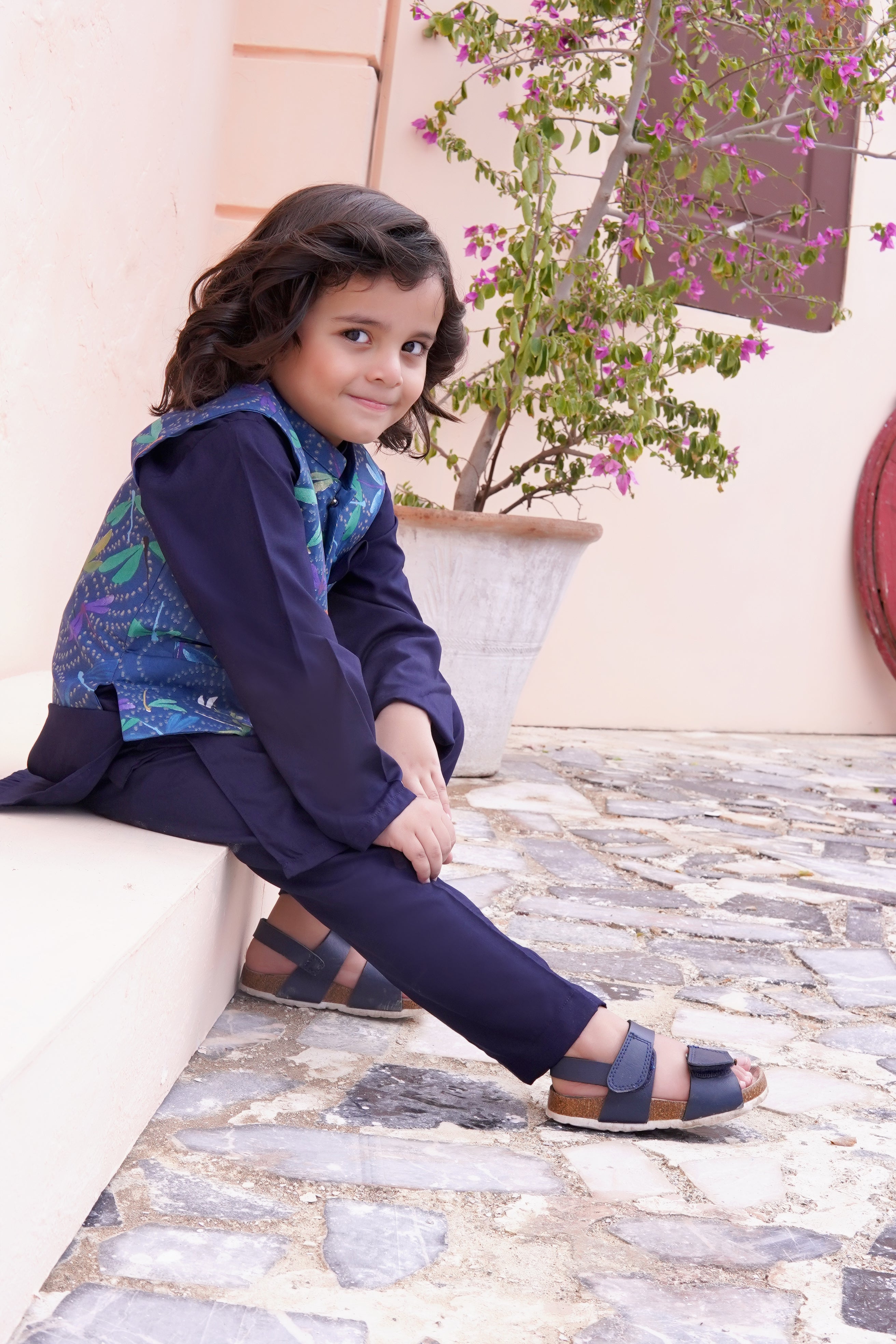 Navy Blue Kids Kurta Pajama with Printed Waistcoat RJ-KIDS121