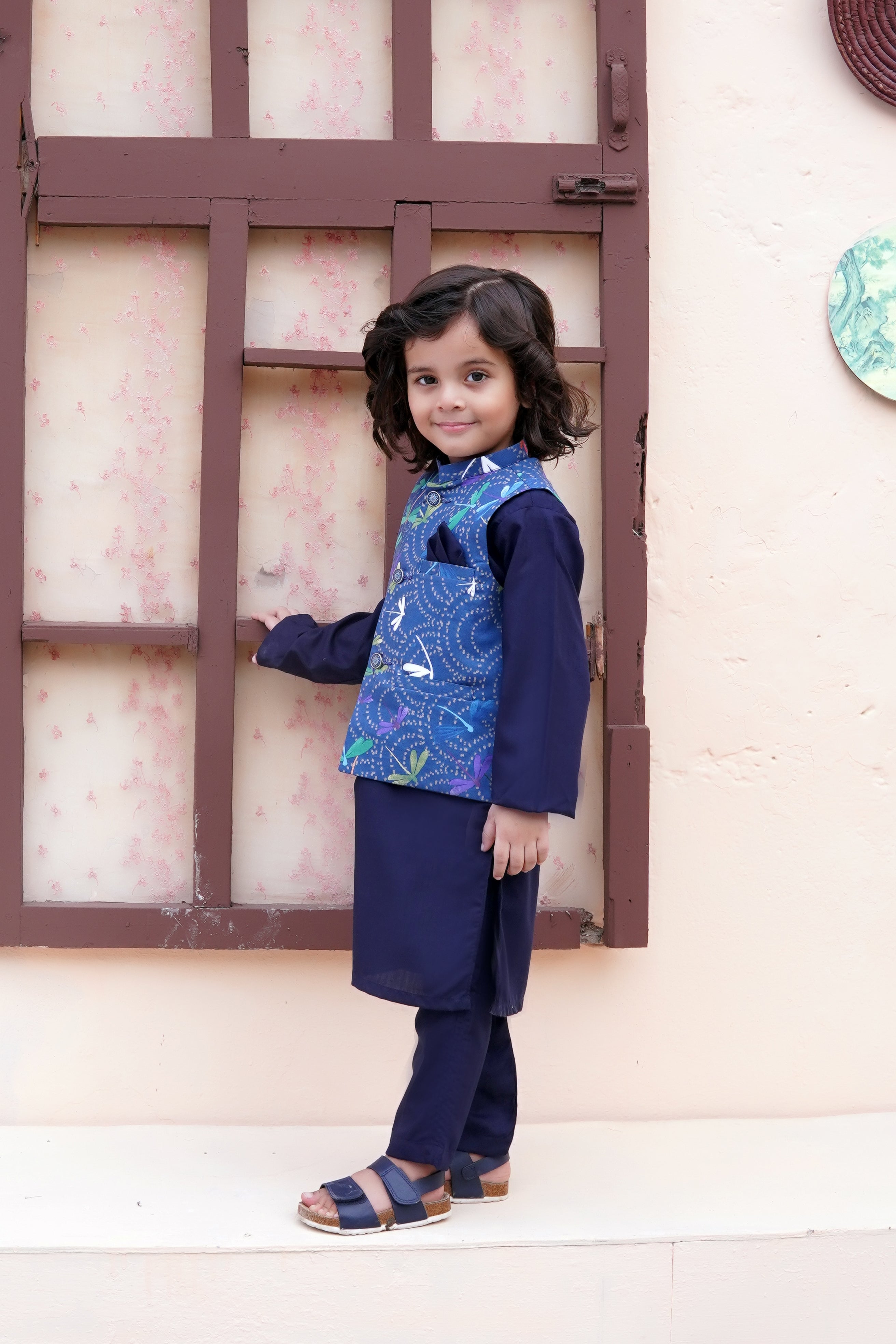 Navy Blue Kids Kurta Pajama with Printed Waistcoat RJ-KIDS121