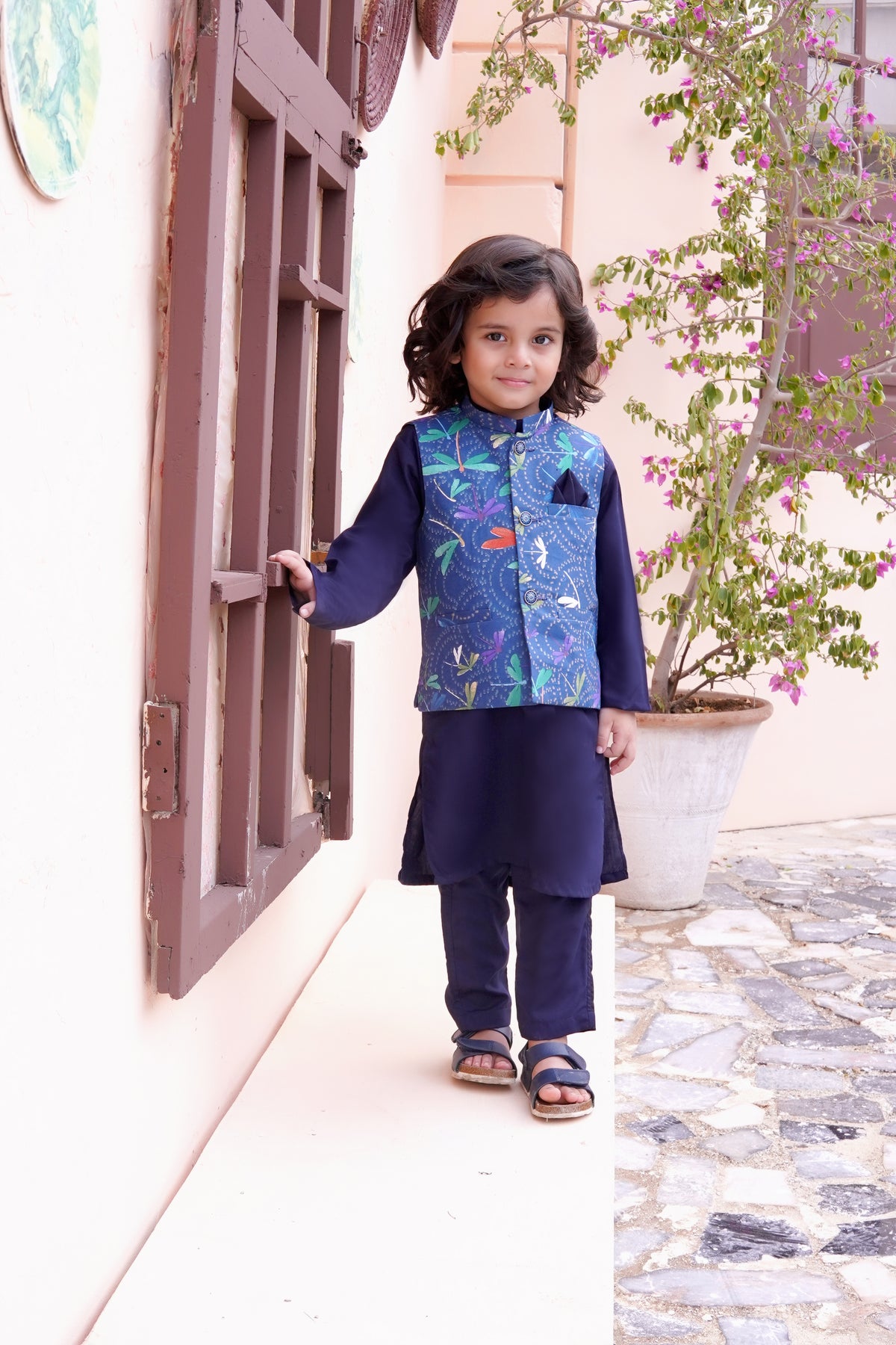 Navy Blue Kids Kurta Pajama with Printed Waistcoat RJ-KIDS121