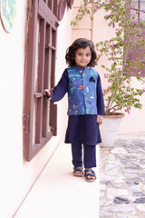 Navy Blue Kids Kurta Pajama with Printed Waistcoat RJ-KIDS121