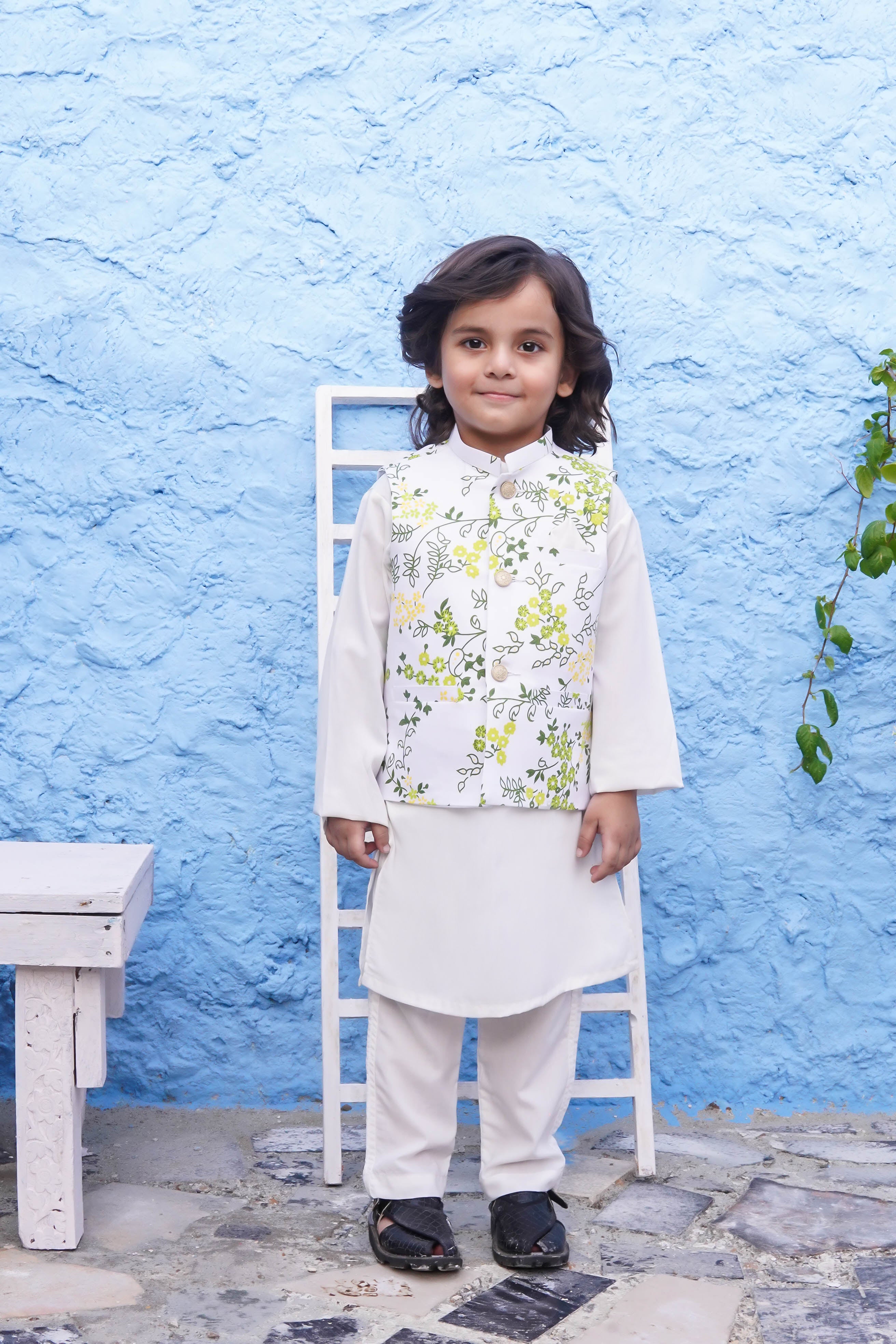 Off White Kids Kurta Pajama with Printed Waistcoat RJ-KIDS125