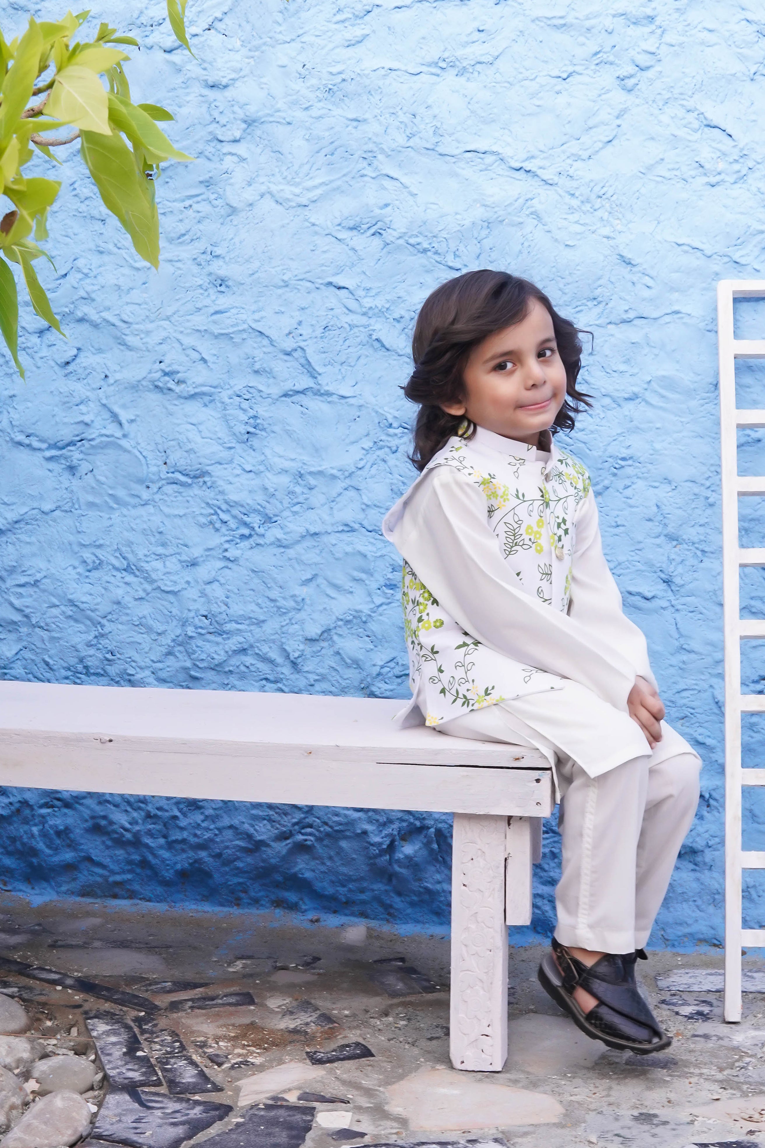 Off White Kids Kurta Pajama with Printed Waistcoat RJ-KIDS125