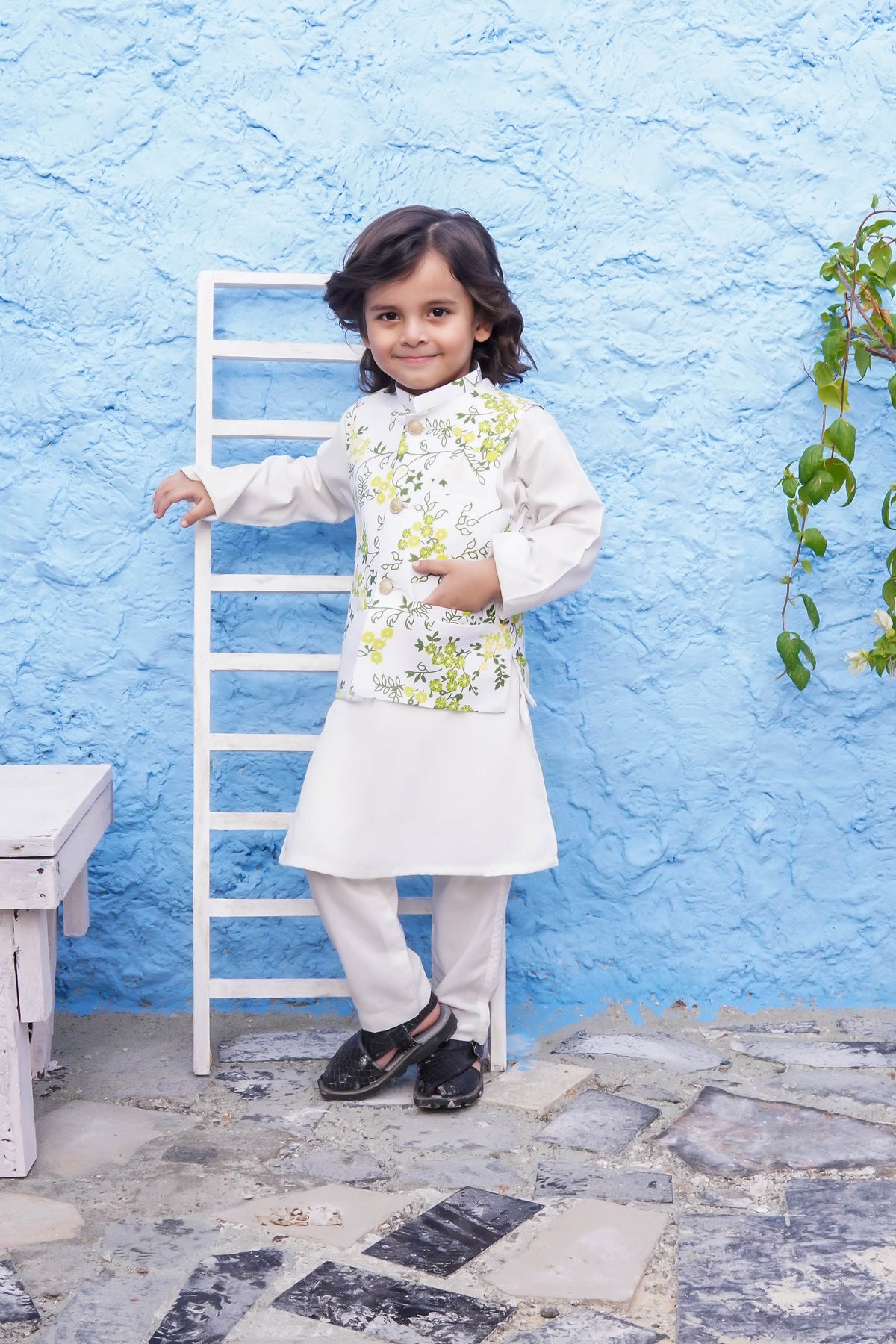 Off White Kids Kurta Pajama with Printed Waistcoat RJ-KIDS125