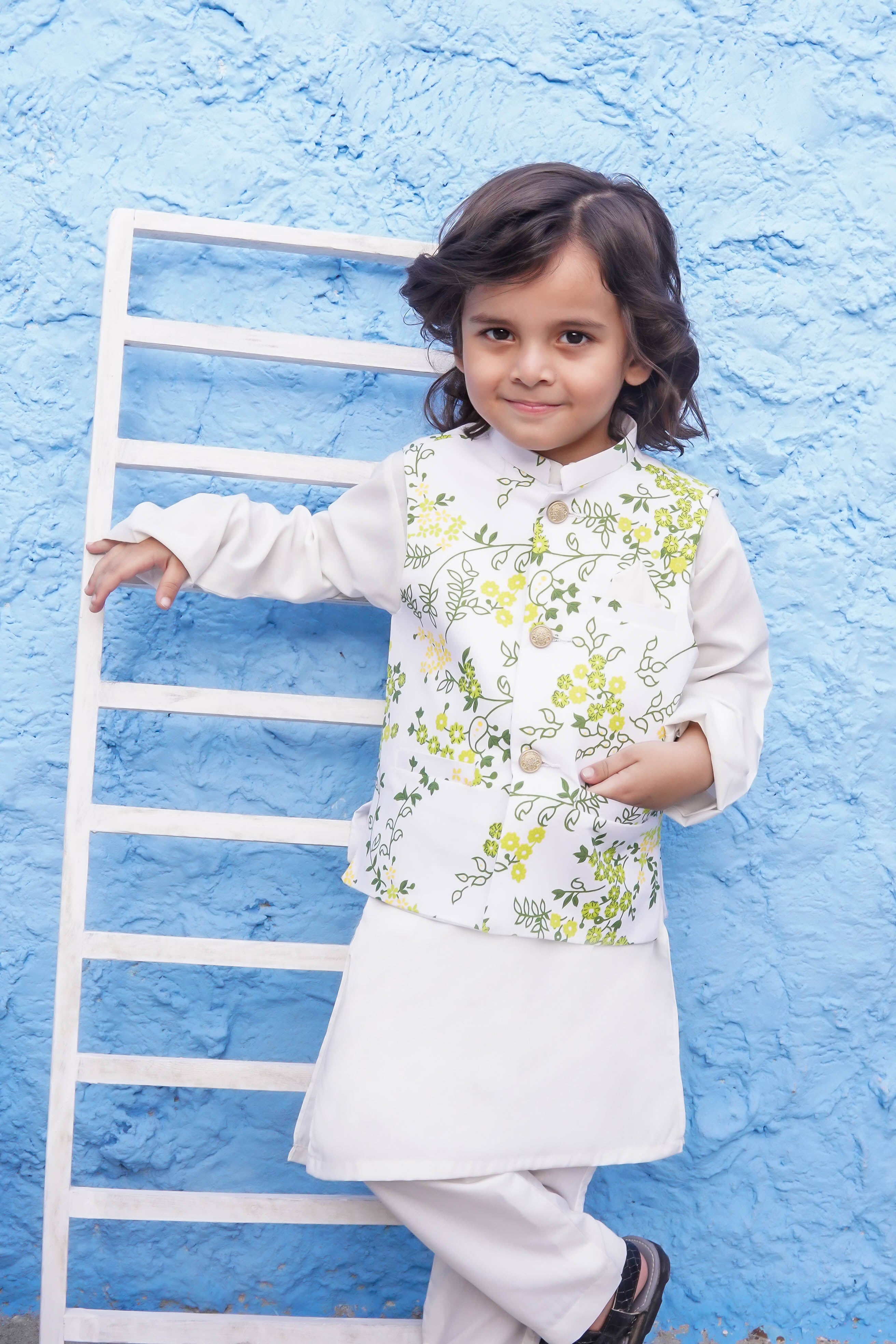 Off White Kids Kurta Pajama with Printed Waistcoat RJ-KIDS125