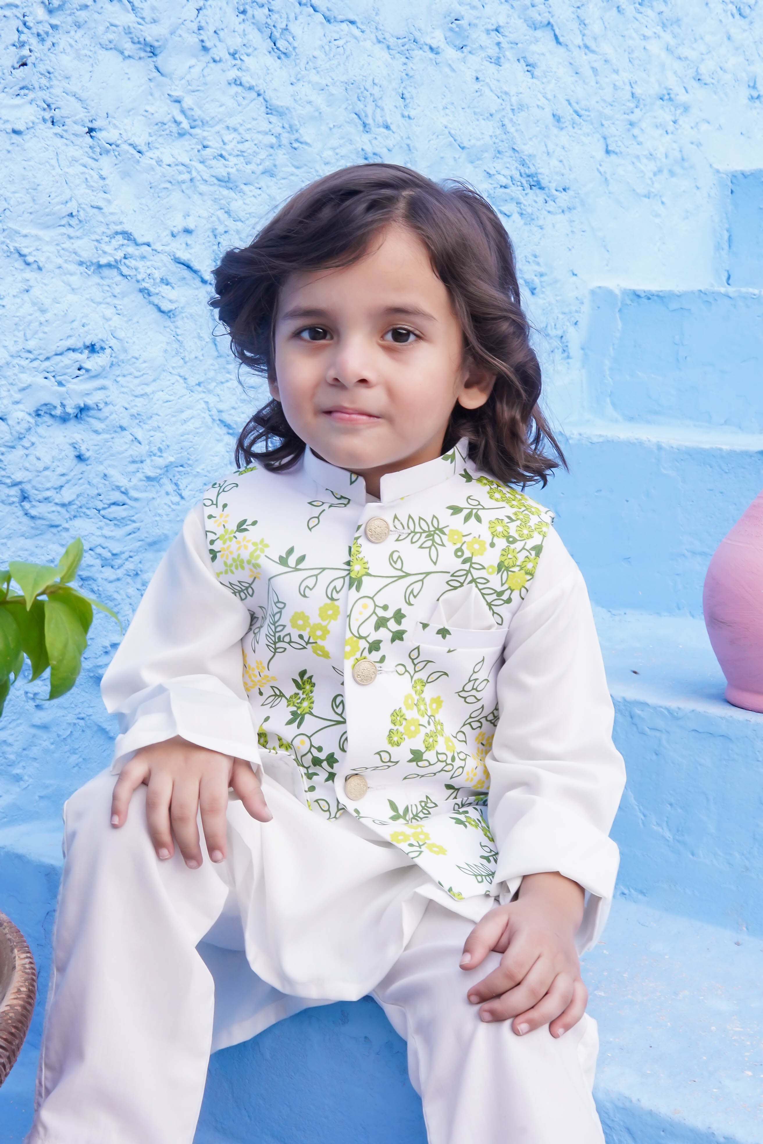 Off White Kids Kurta Pajama with Printed Waistcoat RJ-KIDS125