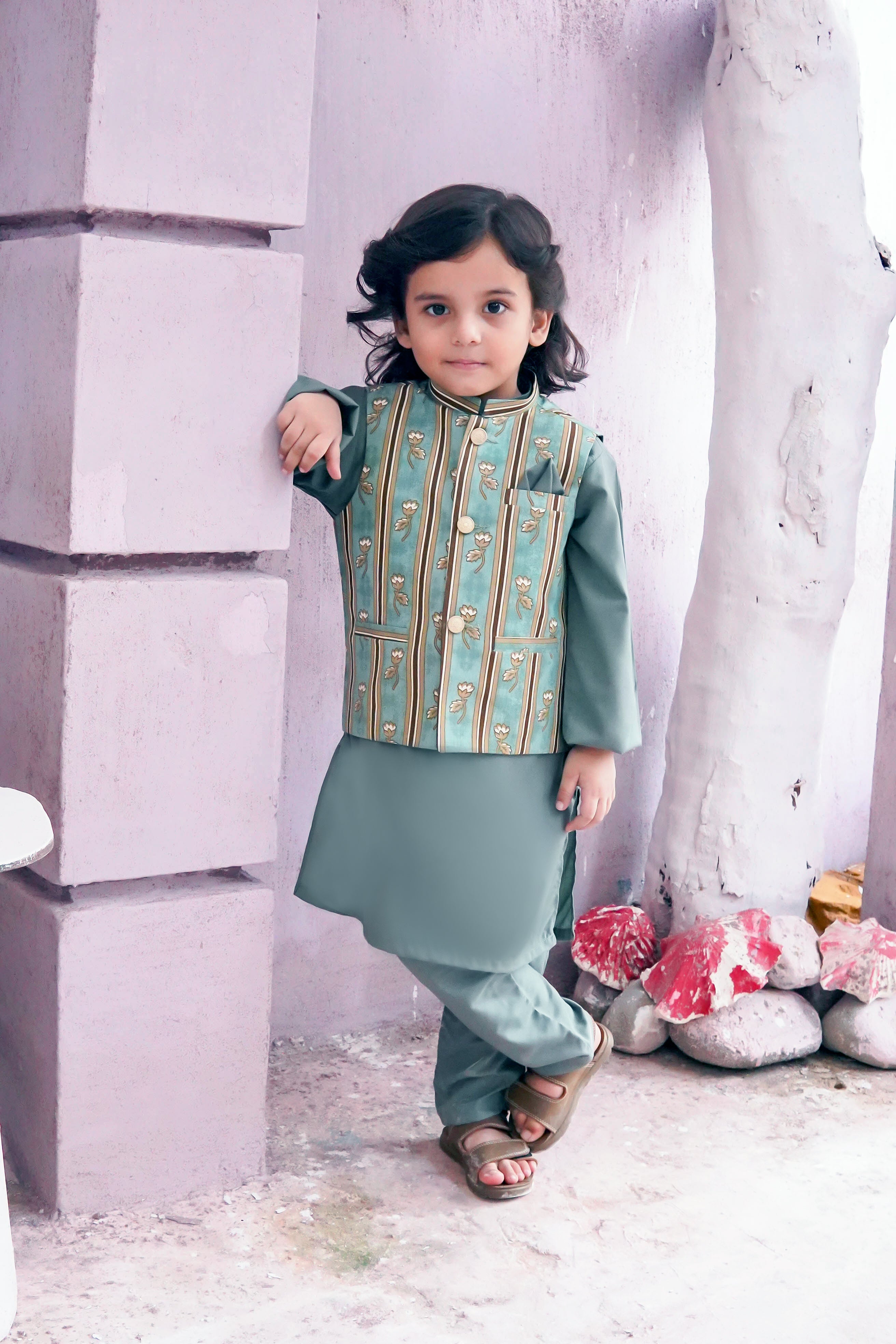 Muted Green Kids Kurta Pajama with Printed Waistcoat  RJ-KIDS123