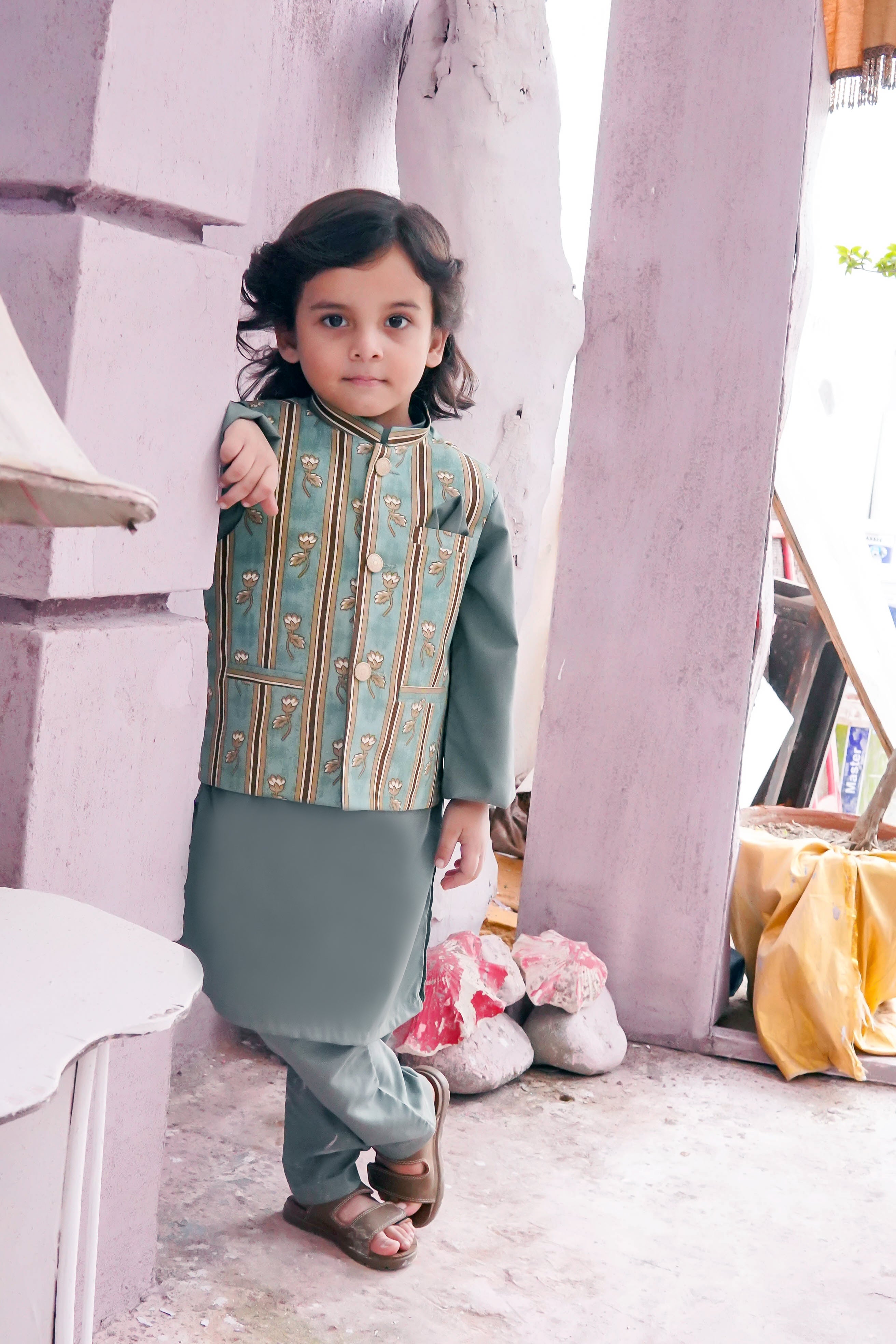 Muted Green Kids Kurta Pajama with Printed Waistcoat  RJ-KIDS123