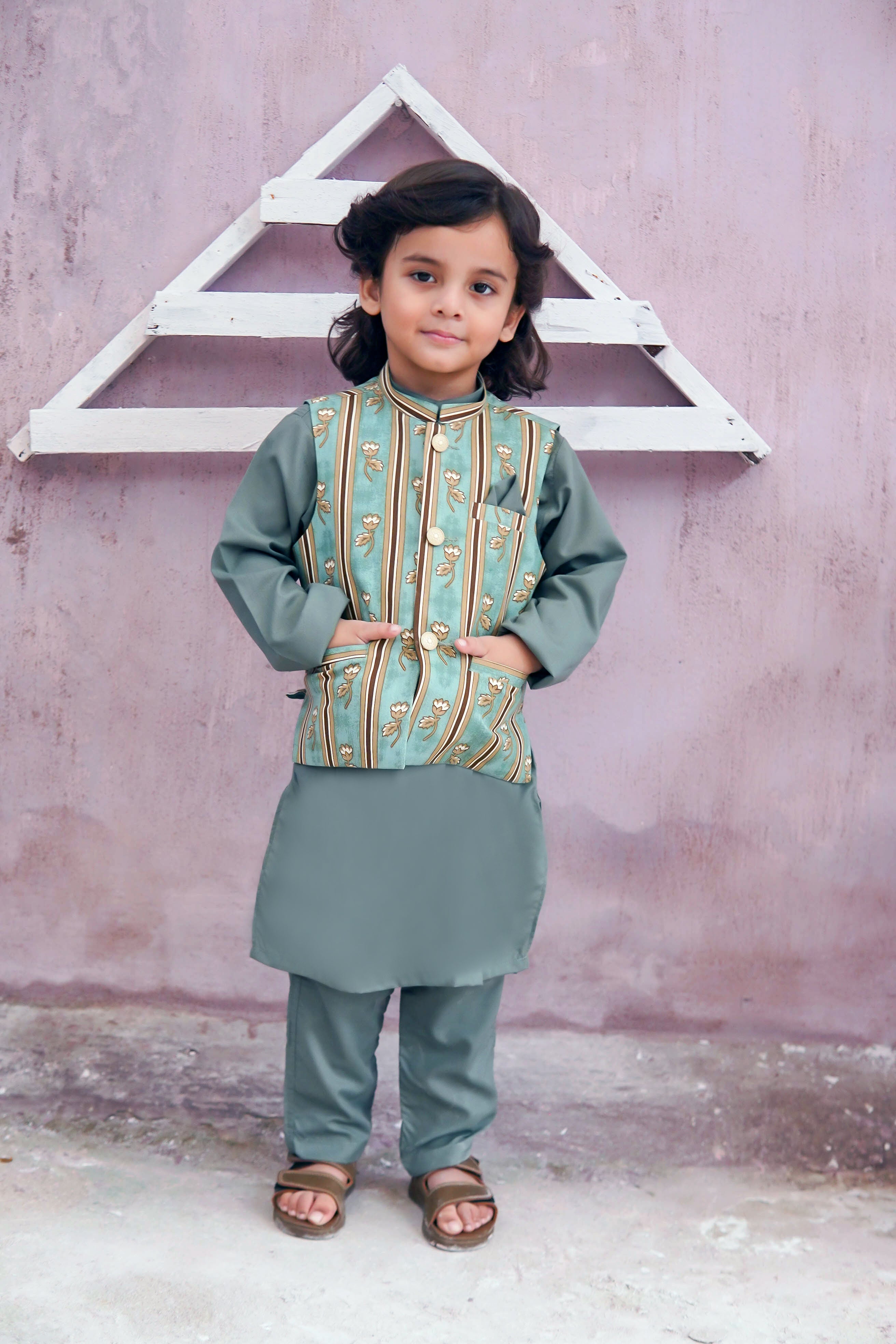 Muted Green Kids Kurta Pajama with Printed Waistcoat  RJ-KIDS123