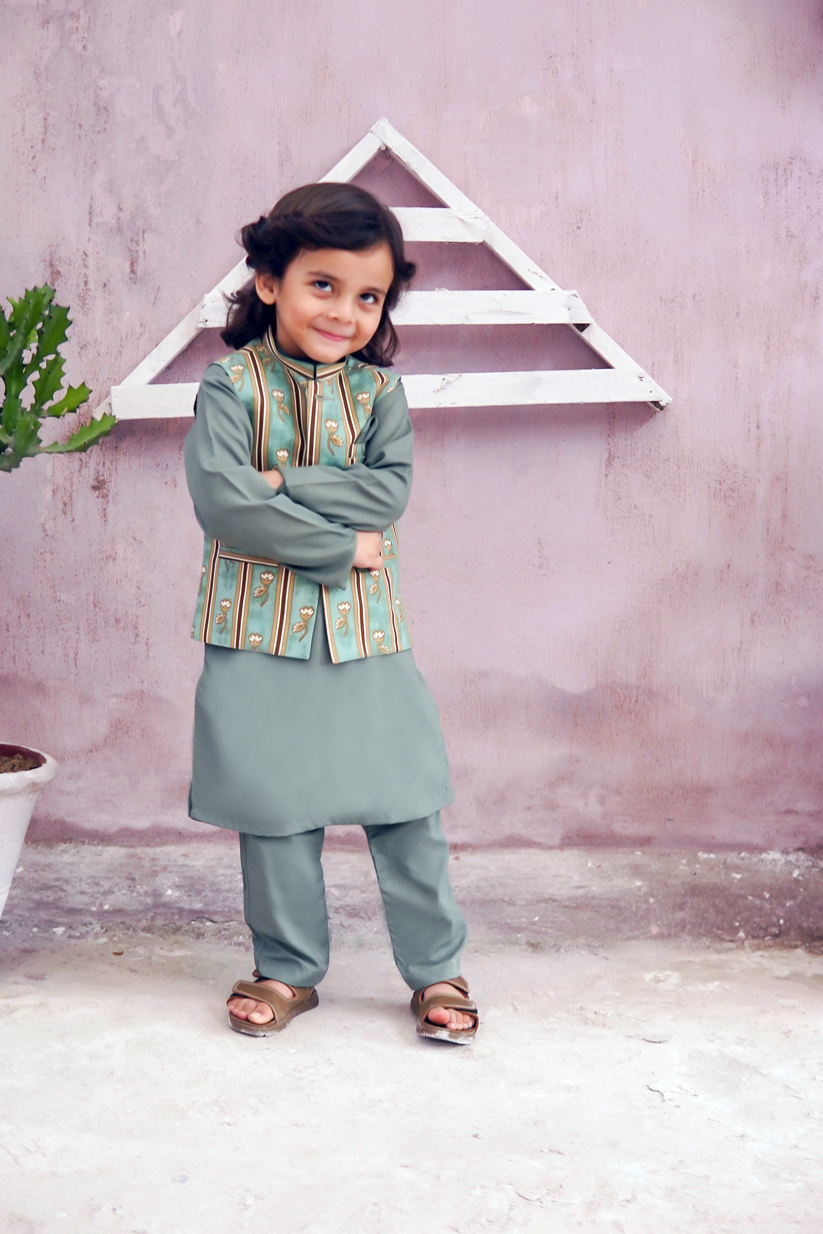 Muted Green Kids Kurta Pajama with Printed Waistcoat  RJ-KIDS123