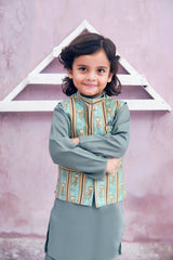 Muted Green Kids Kurta Pajama with Printed Waistcoat  RJ-KIDS123