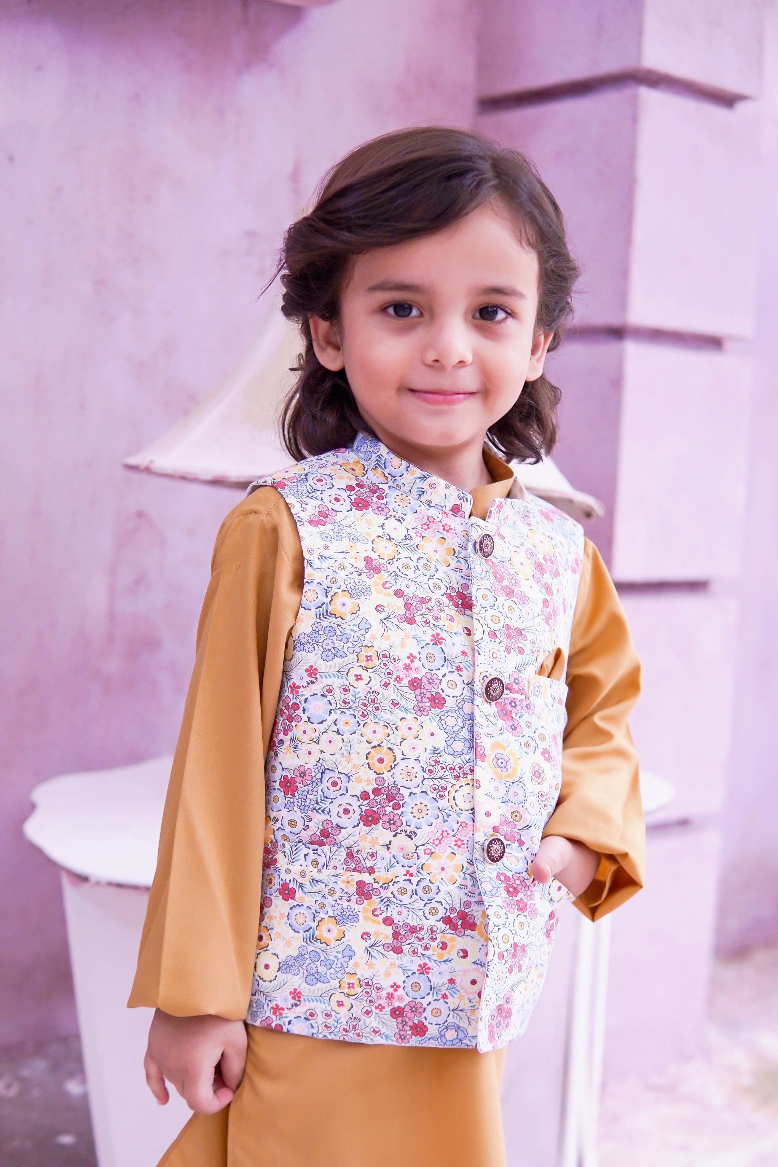 Burnt Peach Kids Kurta Pajama with Printed Waistcoat RJ-KIDS122