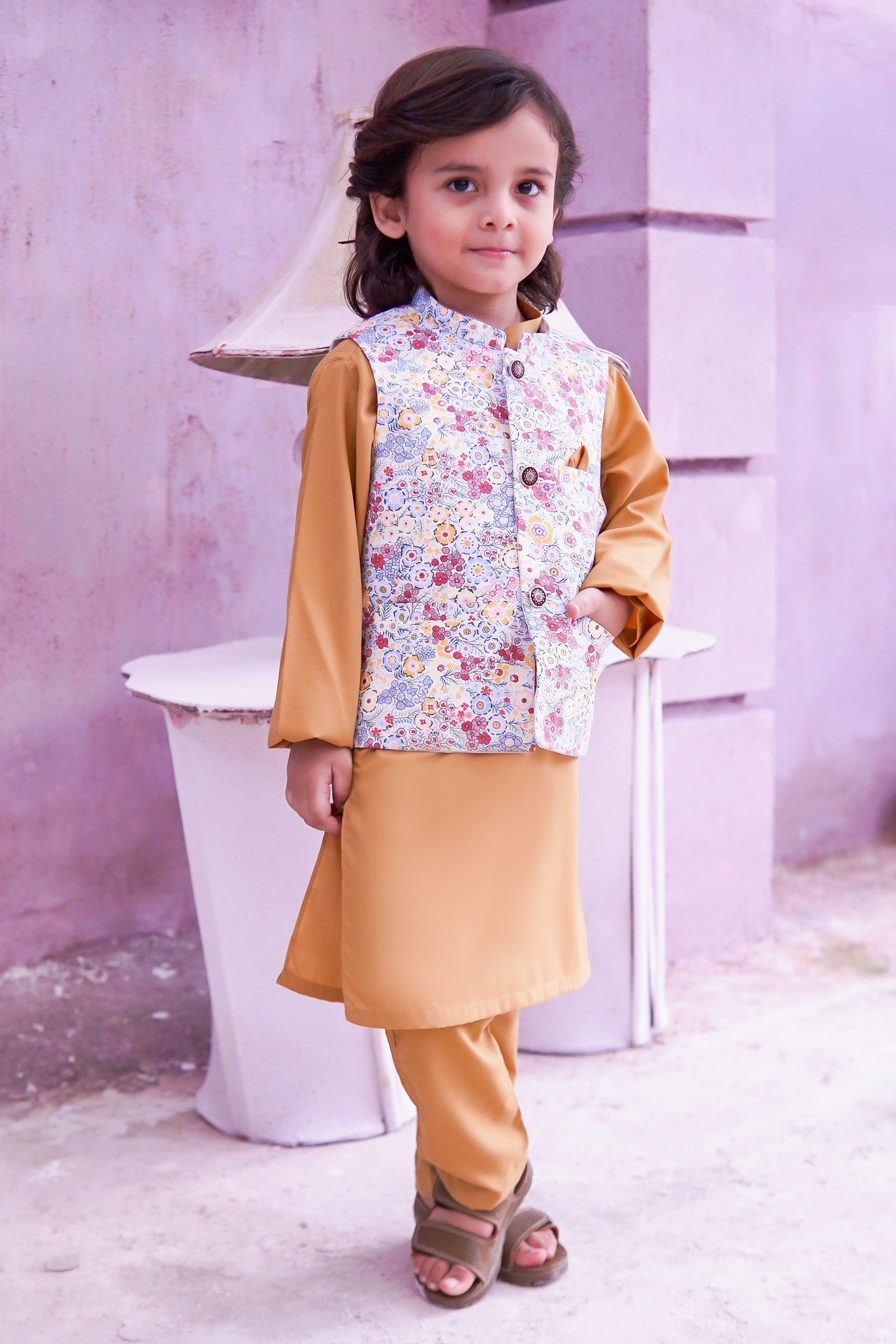 Burnt Peach Kids Kurta Pajama with Printed Waistcoat RJ-KIDS122