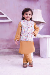 Burnt Peach Kids Kurta Pajama with Printed Waistcoat RJ-KIDS122