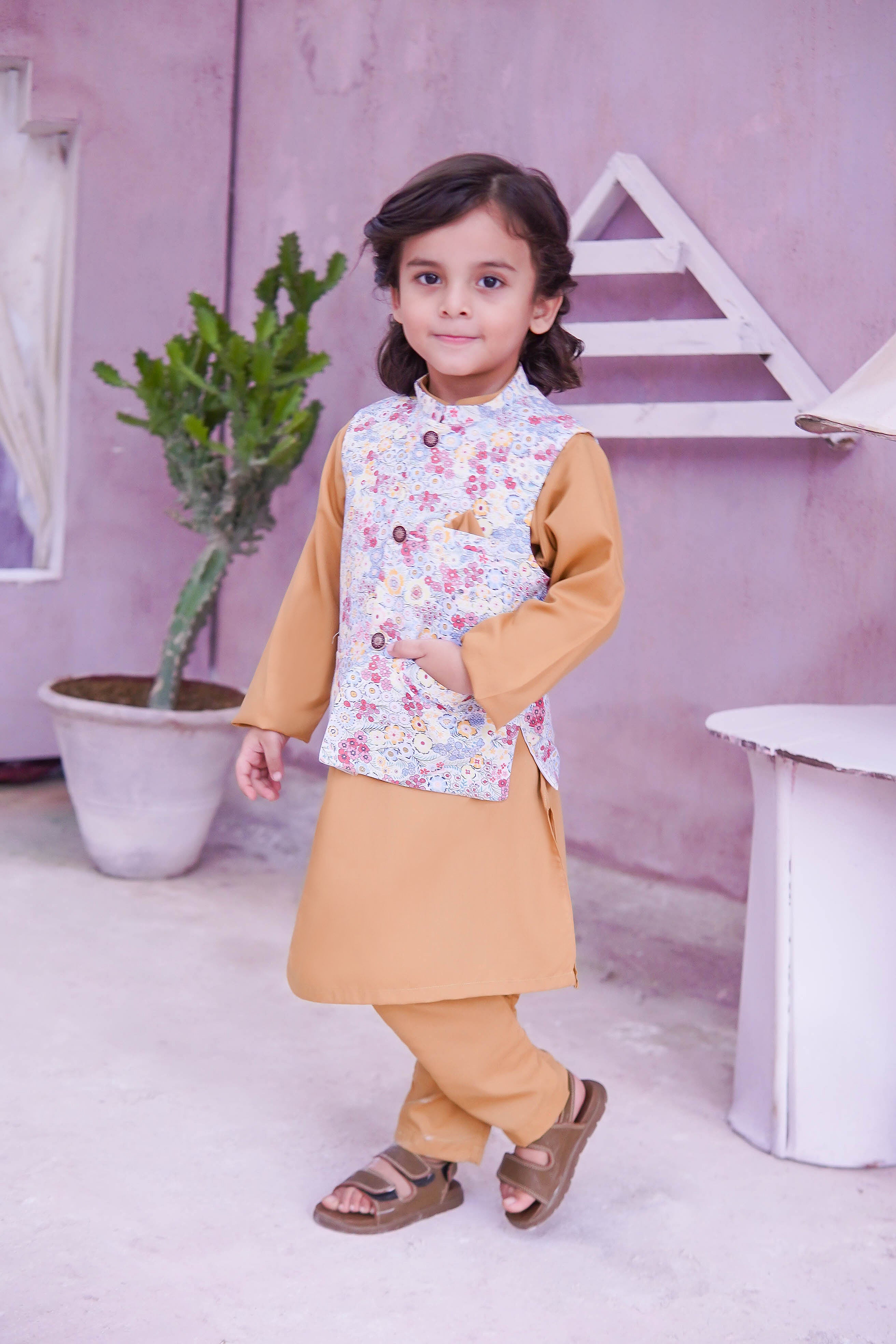 Burnt Peach Kids Kurta Pajama with Printed Waistcoat RJ-KIDS122