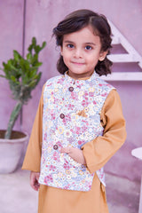 Burnt Peach Kids Kurta Pajama with Printed Waistcoat RJ-KIDS122