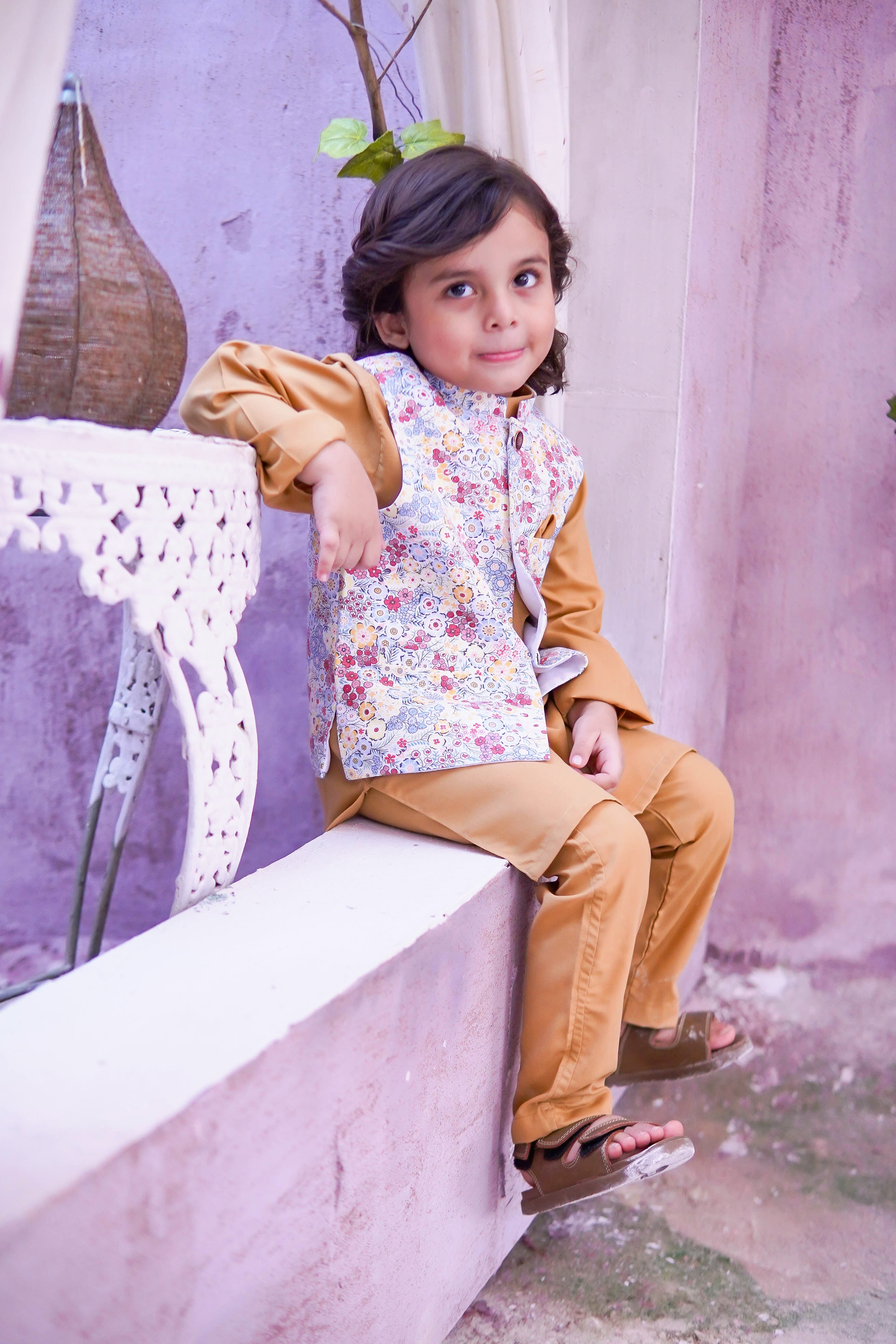Burnt Peach Kids Kurta Pajama with Printed Waistcoat RJ-KIDS122