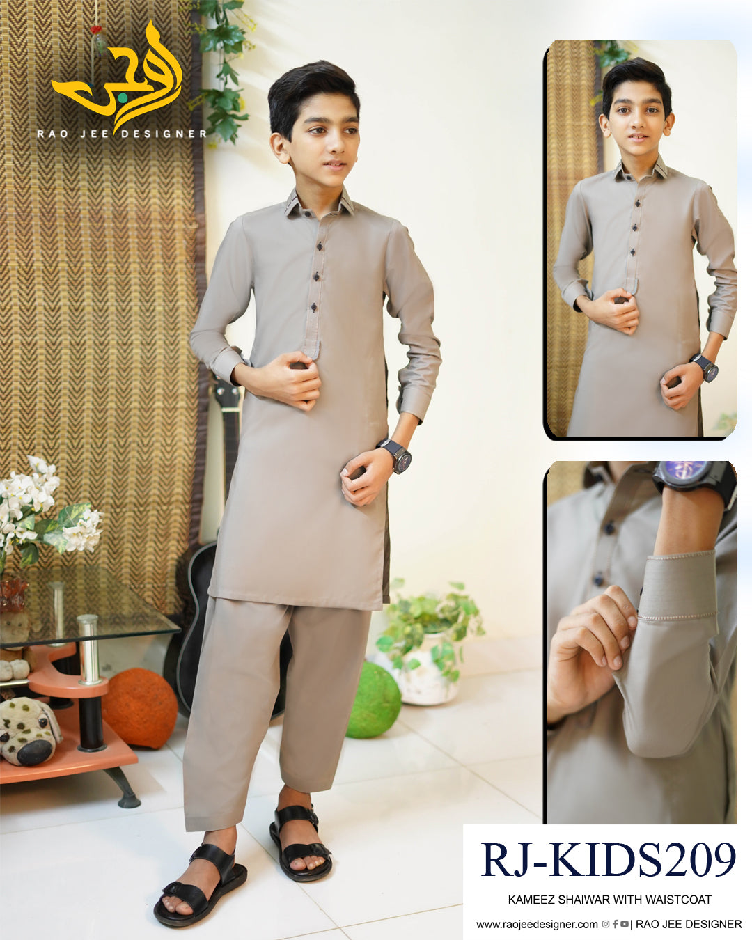 Taupe Grey Designer Boy's Kameez Shalwar RJ-KIDS209