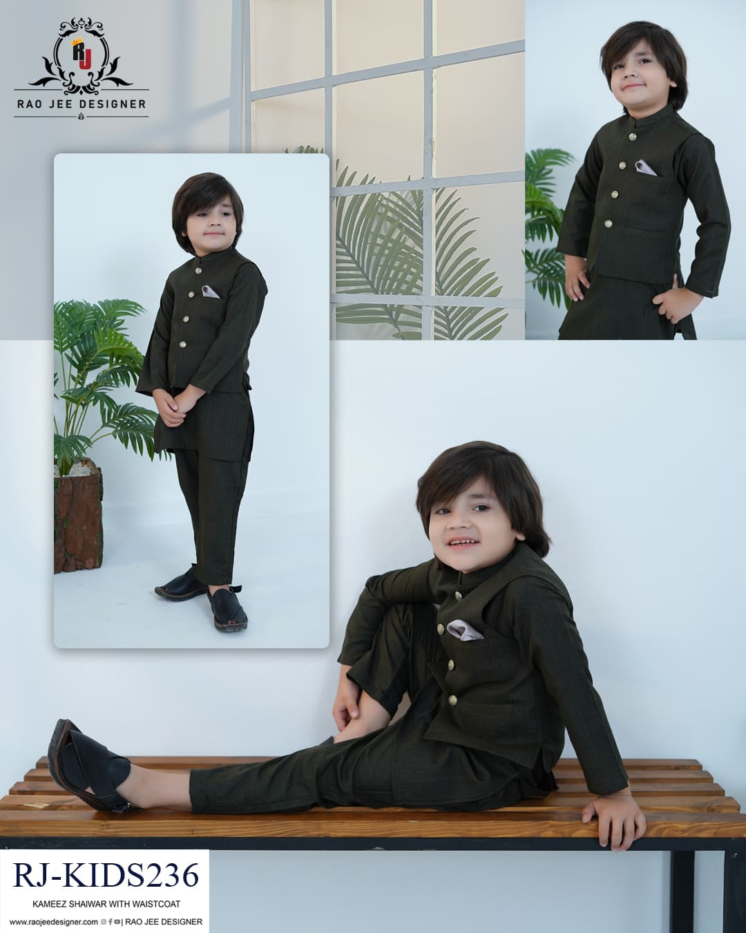 Deep Olive Waistcoat Set for Boys | RJ-KIDS236