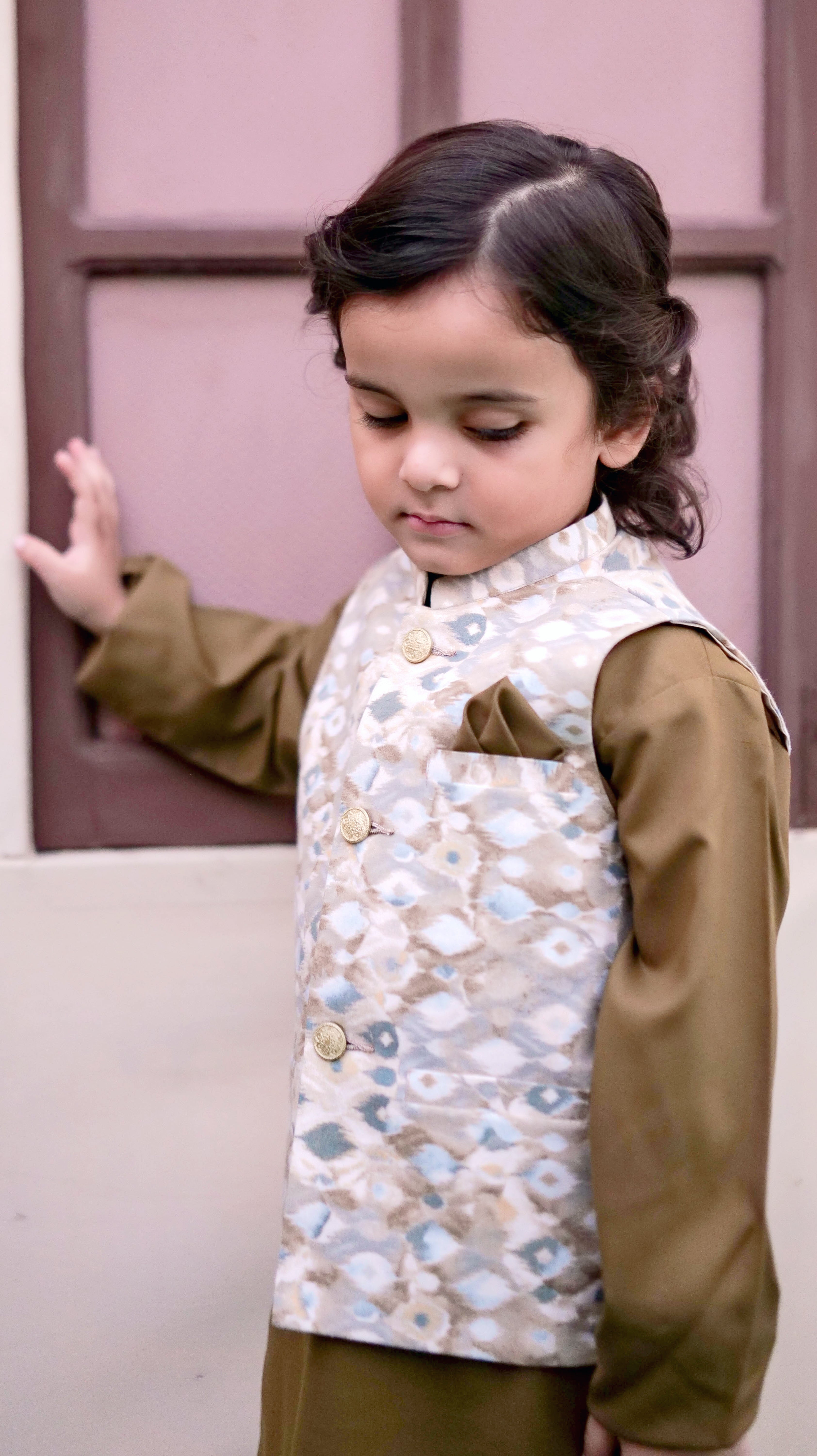 Brown Kids Kurta Pajama with Printed Waistcoat RJ-KIDS124