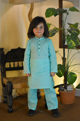 Light Sea Cambric Cotton Green Boy's Kurta Pajama RJ-KIDS212