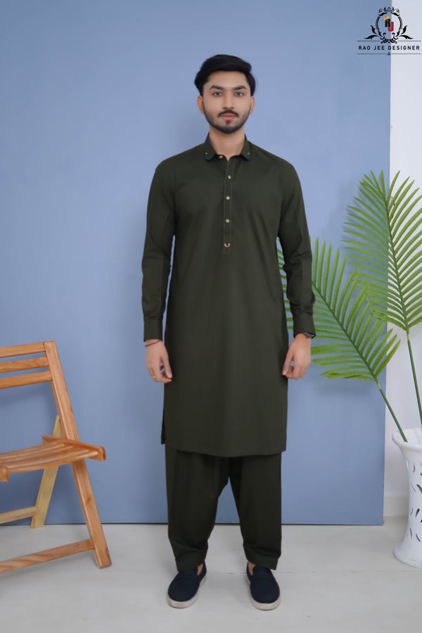 Olive Green Designed Men's Kameez Shalwar RJ-KS612