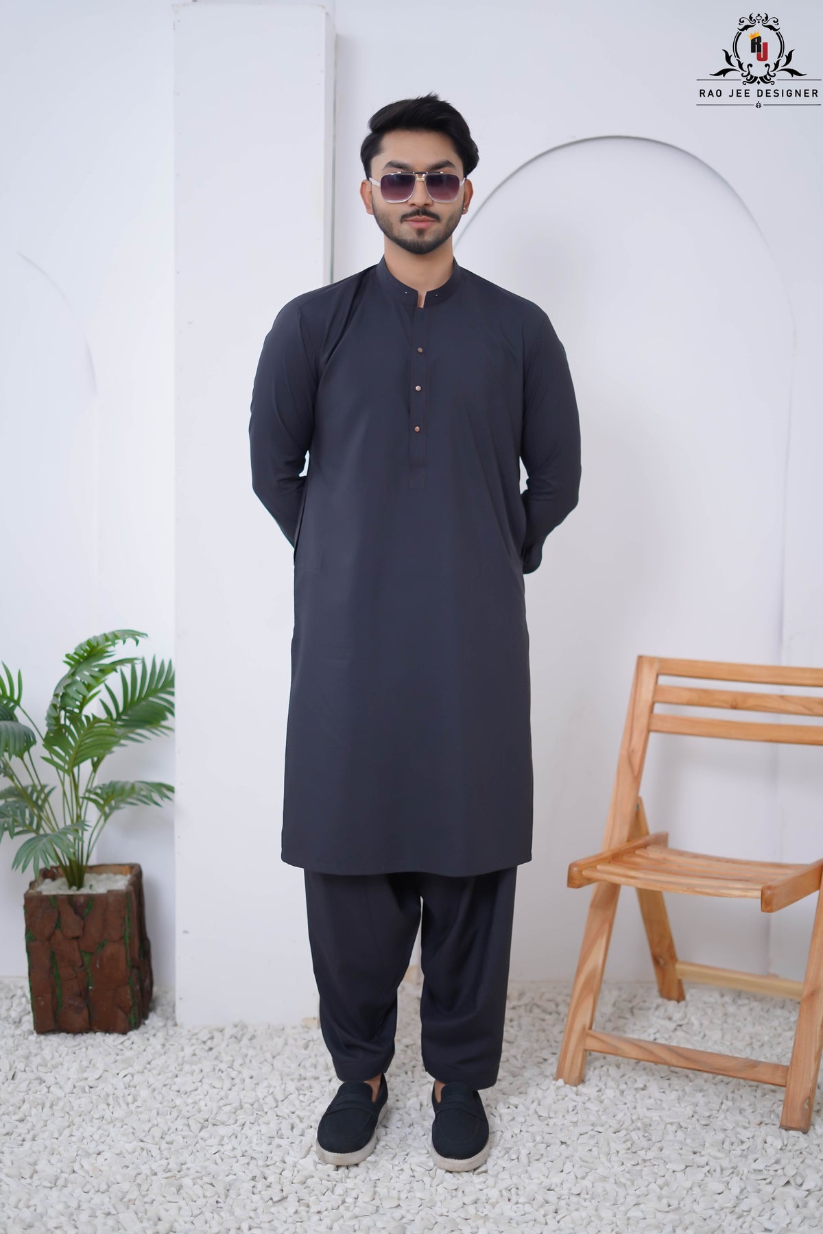 Charcoal Grey Designed Men's Kameez Shalwar RJ-KS611