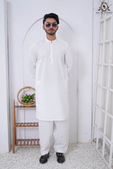 Pure White Men's Latha Cotton Kameez Shalwar with Ban Collar RJ-KS607
