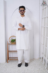 Pure White Men's Latha Cotton Kameez Shalwar with Ban Collar RJ-KS607