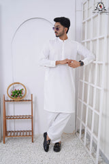 Pure White Men's Latha Cotton Kameez Shalwar with Ban Collar RJ-KS607