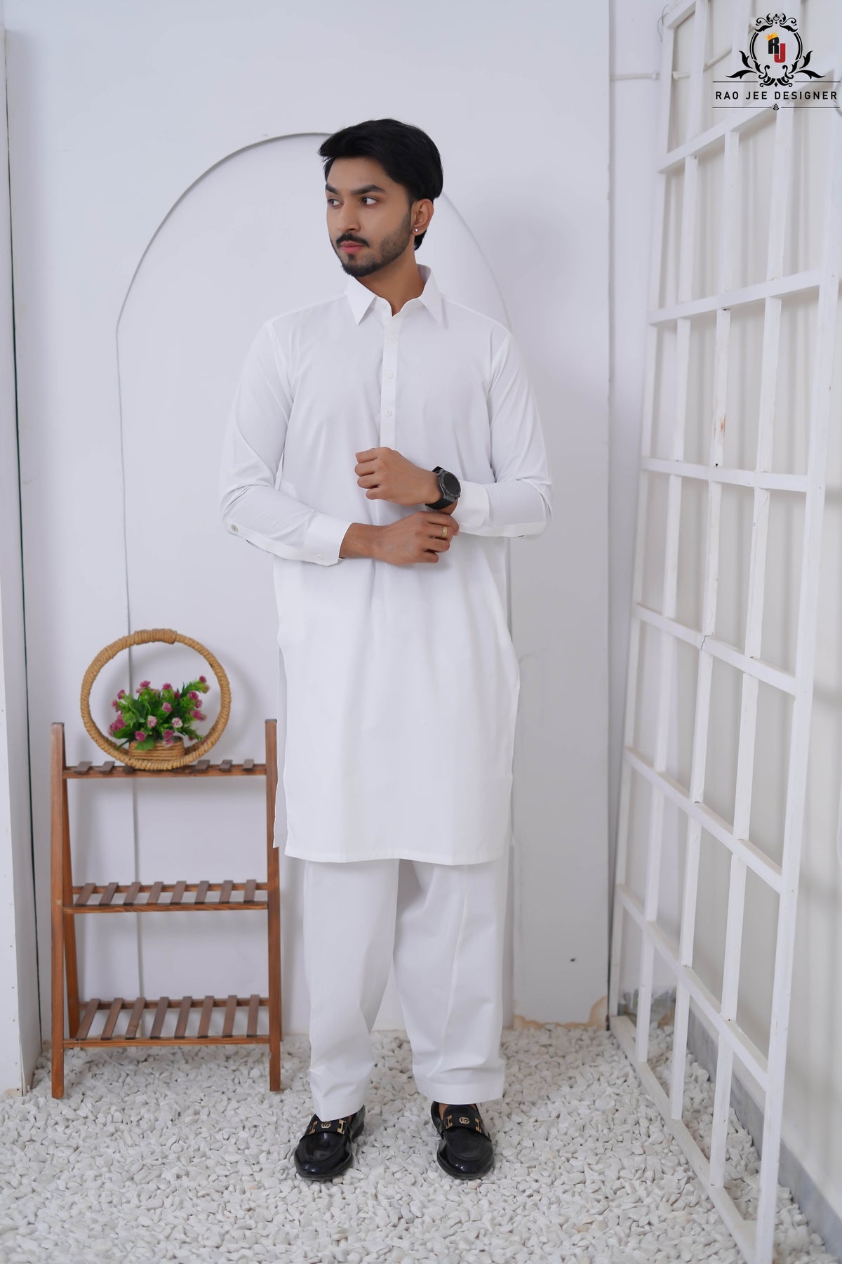 Pure White Men's Latha Cotton Kameez Shalwar with Shirt Collar RJ-KS608
