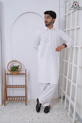 Pure White Men's Latha Cotton Kameez Shalwar with Shirt Collar RJ-KS608