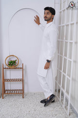 Pure White Men's Latha Cotton Kameez Shalwar with Shirt Collar RJ-KS608