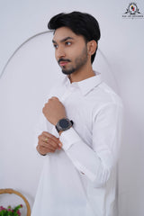 Pure White Men's Latha Cotton Kameez Shalwar with Shirt Collar RJ-KS608