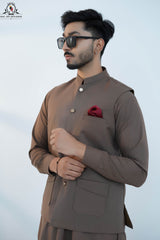 Coffee Brown Men’s Kameez Shalwar with Waistcoat (RJ-KW157)